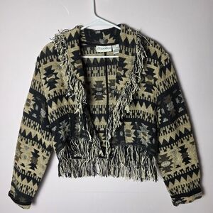 Vintage Gantos Aztec Fringe Women’s Medium Black Tan Tribal Cotton Cardigan